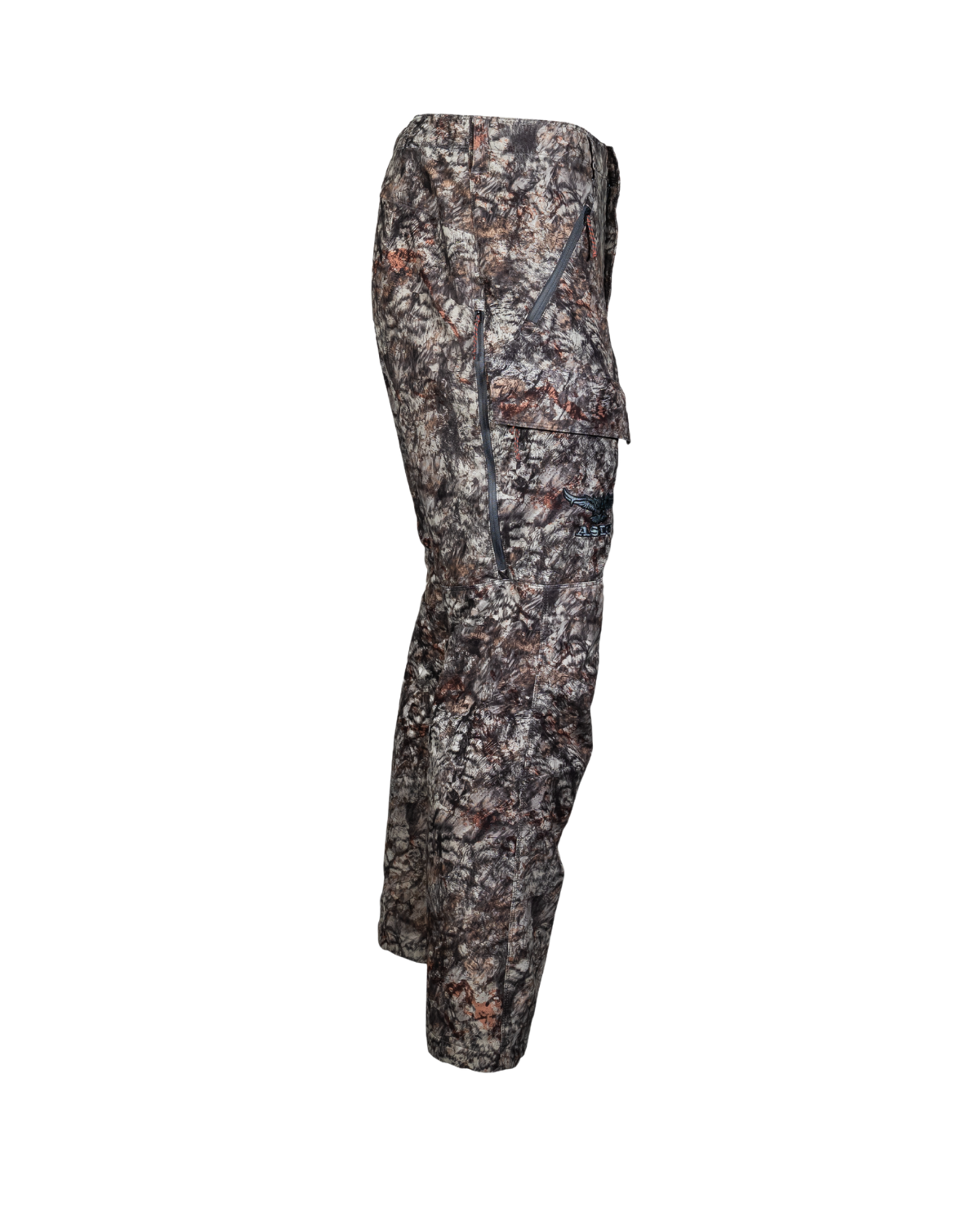 ASIO Gear lightweight early season breathable hunting pant in Raptor camo for treestand and bowhunting concealment showing the pockets and side vents