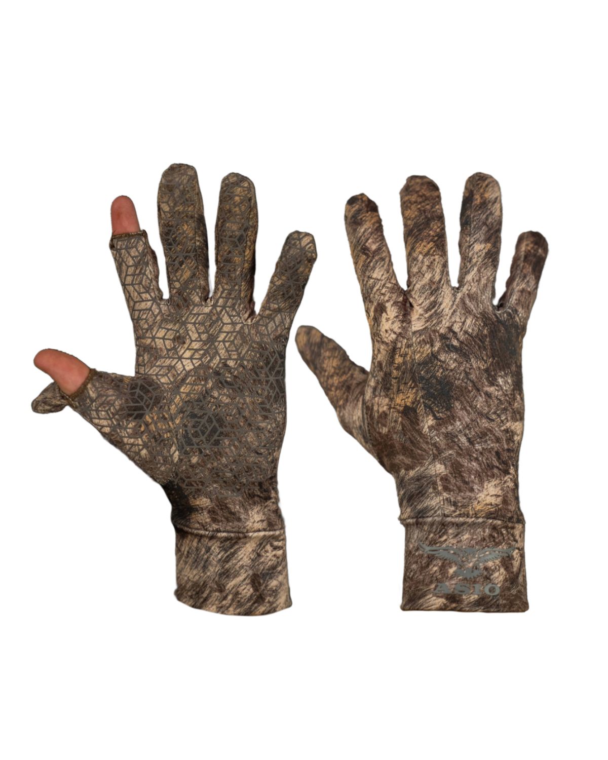 ASIO Gear lightweight stretch bowhunting glove in RAPX camo – breathable early season hunting glove with exposed thumb and forefinger tips, silicone grip palm, and precision fit for enhanced feel, dexterity, and stealth in warm weather treestand or ground setups.
