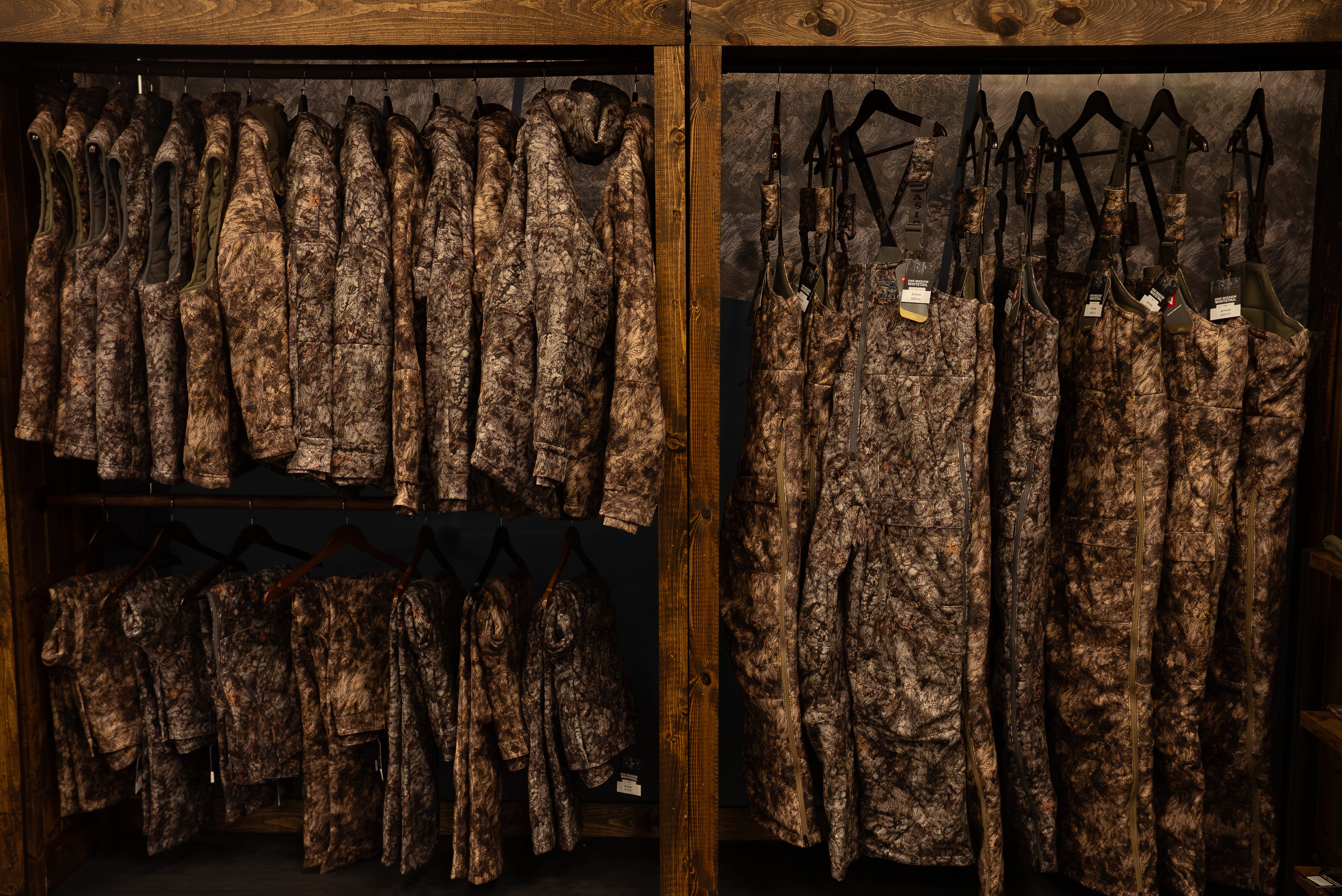 ASIO Gear whitetail bowhunting jackets and bibs displayed in camo pattern designed for silent treestand hunting