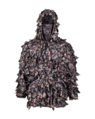 ASIO Gear leafy camouflage jacket front view in Raptor camo with hood and face mask for bowhunting concealment