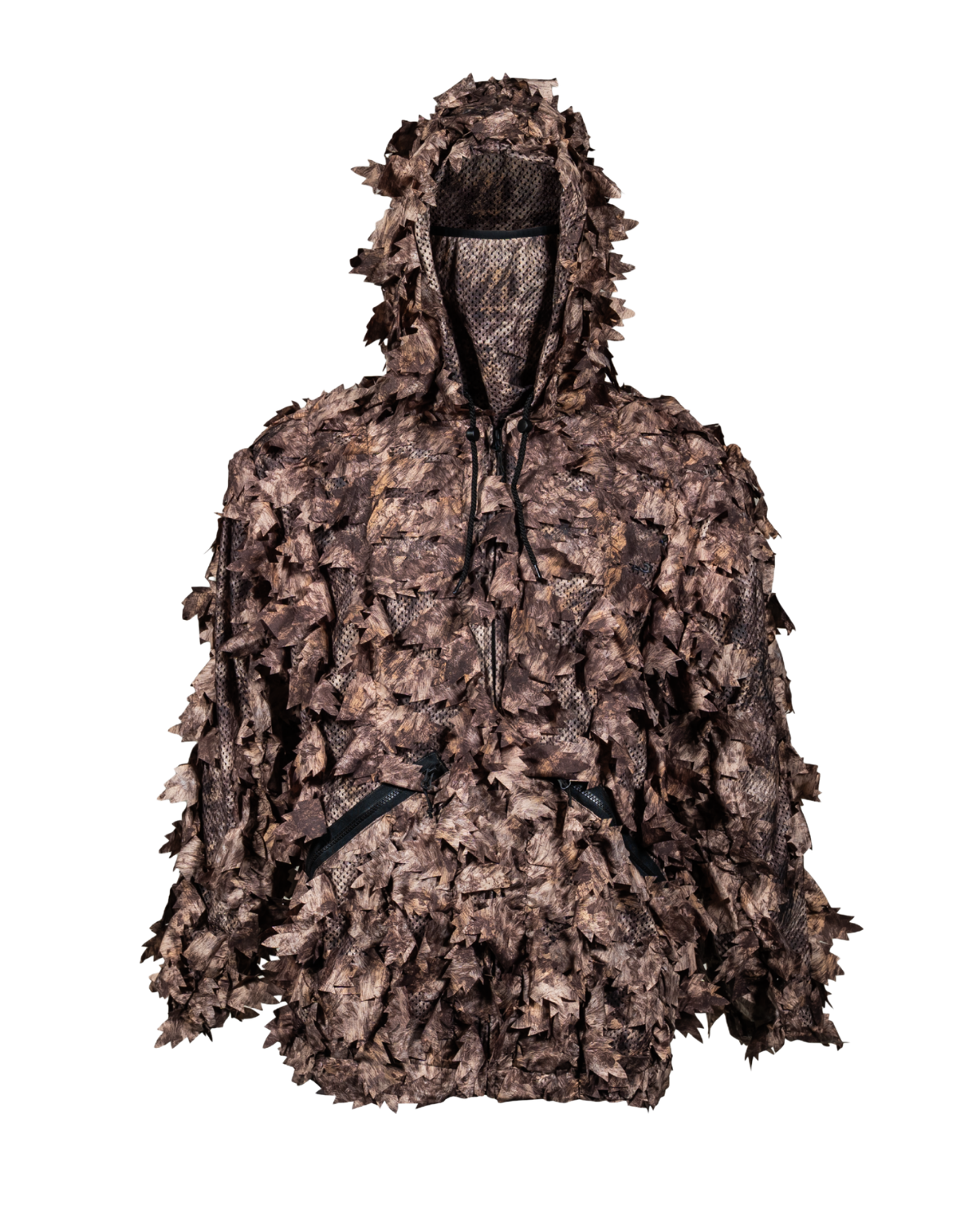 ASIO Gear leafy camouflage jacket front view in RAPX camo with hood and face mask for bowhunting concealment