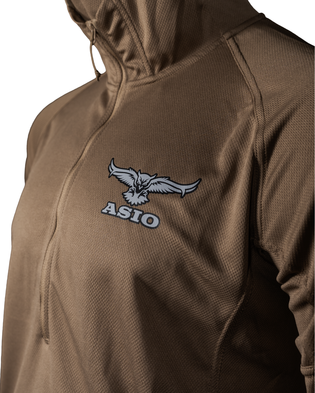 ASIO Lightweight Hoodie in Field Brown, detail view showing the built-in facemask hood