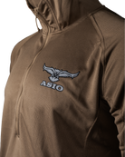 ASIO Lightweight Hoodie in Field Brown, detail view showing the built-in facemask hood