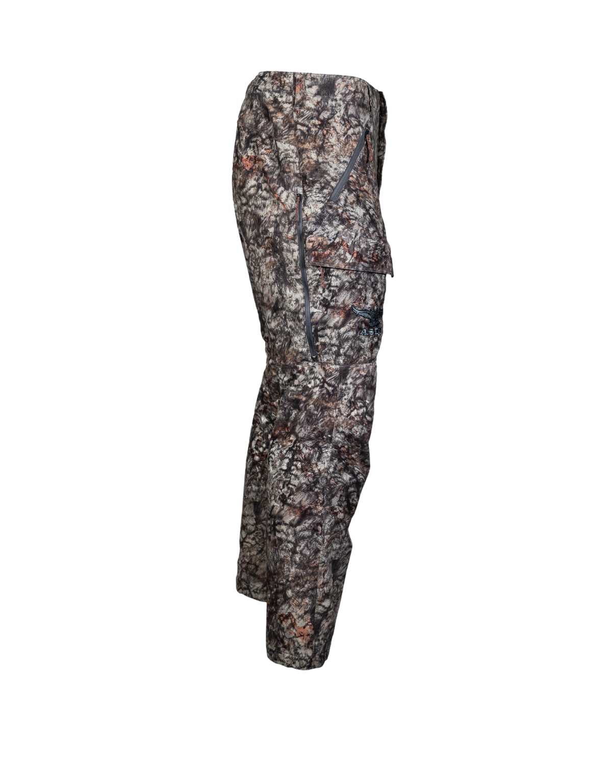 ASIO Gear lightweight early season breathable hunting pant in Raptor camo for treestand and bowhunting concealment showing the pockets and side vents