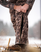 ASIO Gear RAPX Heavyweight Bib full leg side zip detail for easy layering and ventilation during cold weather whitetail hunts.