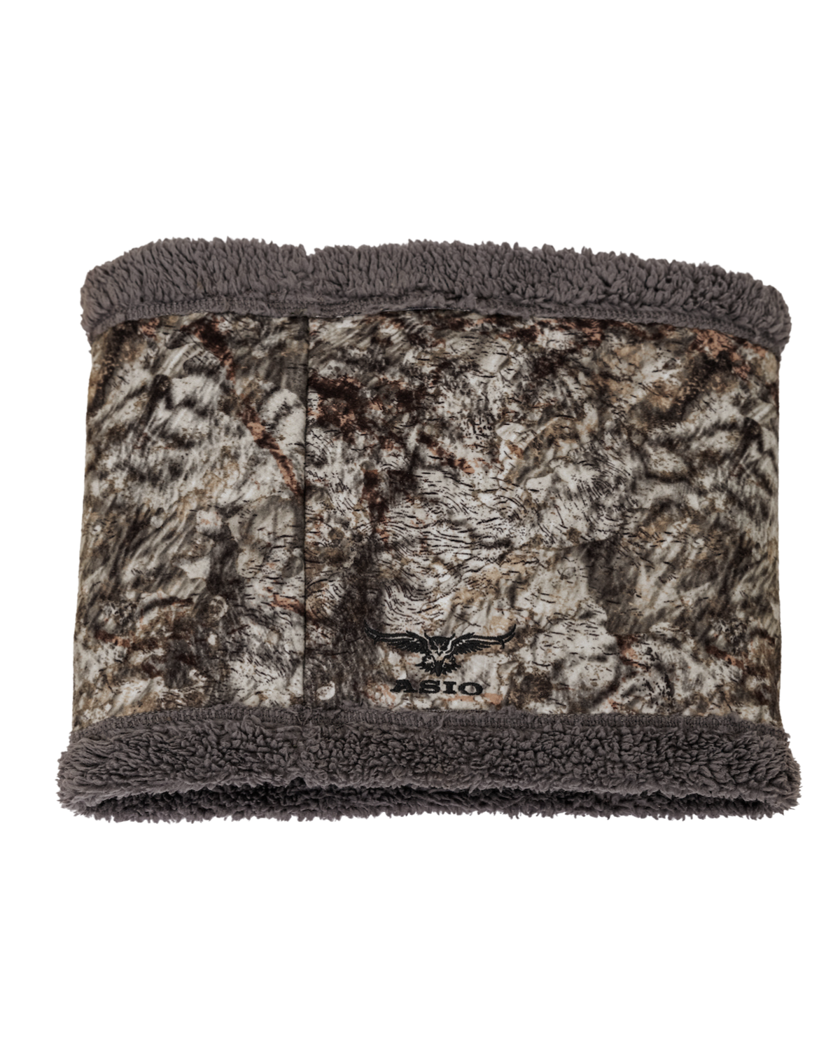 ASIO windproof sherpa neck gaiter in raptor camo for cold bow hunts